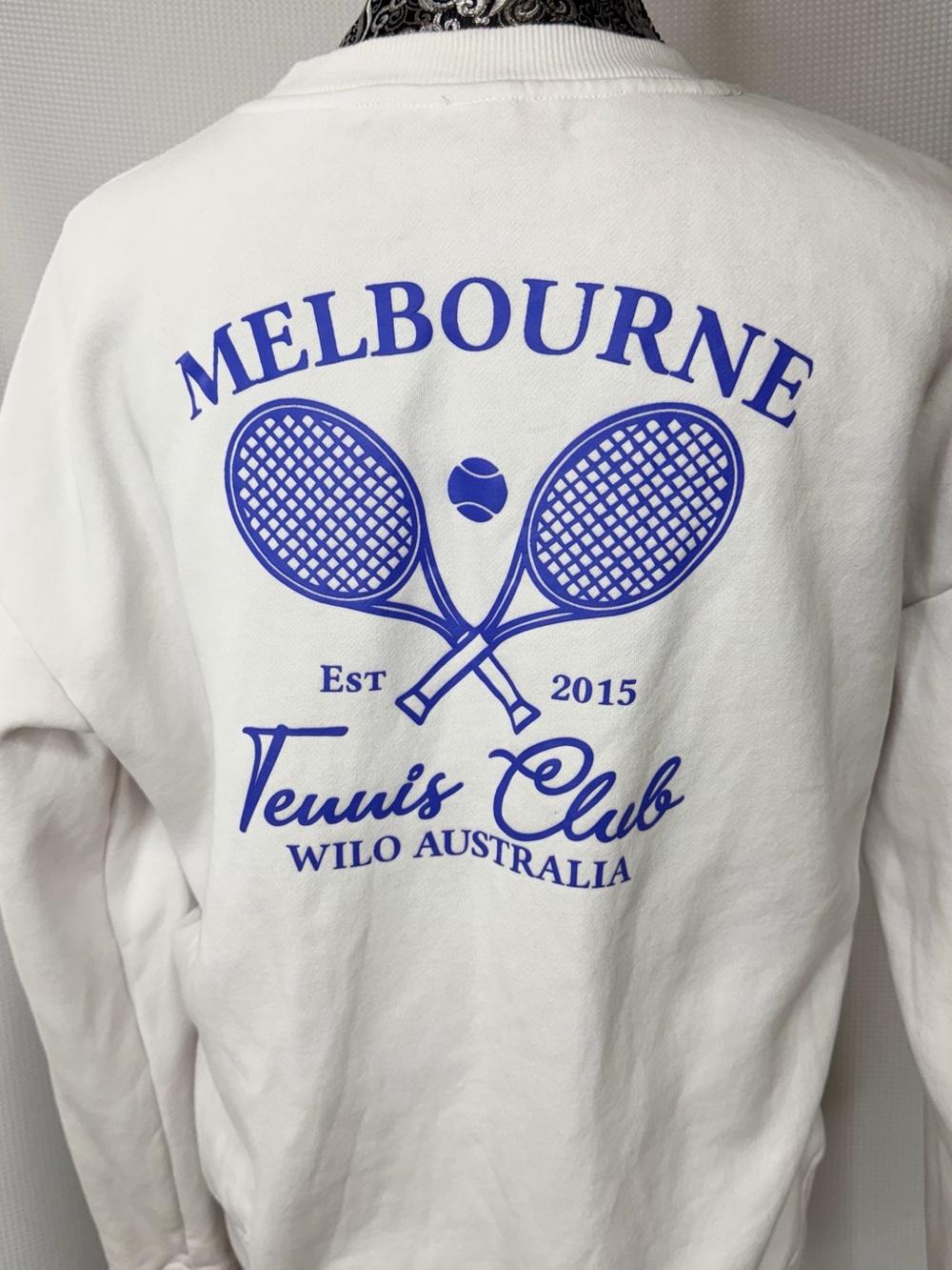 Tennis Club Graphic Crewneck Sweatshirt - White with Blue Print - Picture 7 of 15
